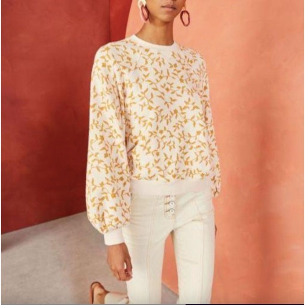 Ulla Johnson Ebba Pullover Cream Botanical Puff Sleeve Sweatshirt | Size M